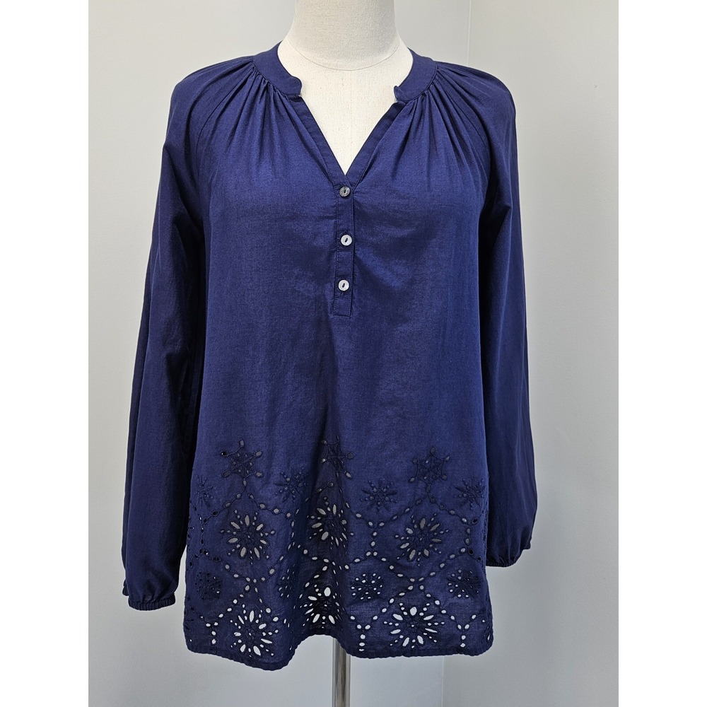Lilly Pulitzer Navy Blue Eyelet Lace Hem Henley Tunic Top XS Cotton Long Sleeve